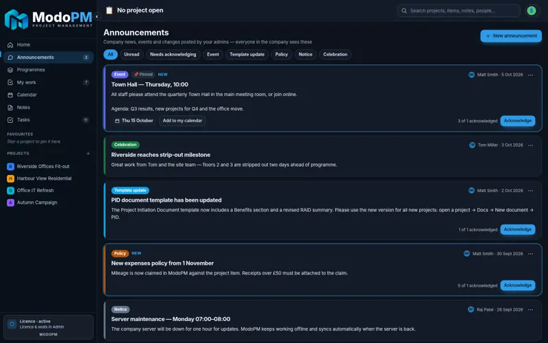 ModoPM Announcements — full app screenshot