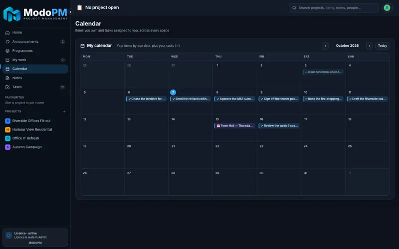 ModoPM Calendar — full app screenshot