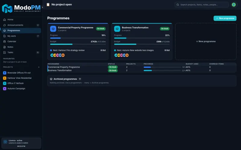 ModoPM Programmes — full app screenshot