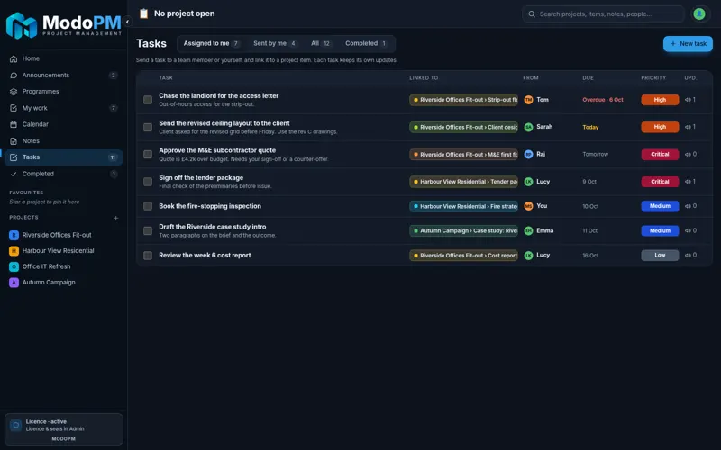 ModoPM Tasks — full app screenshot