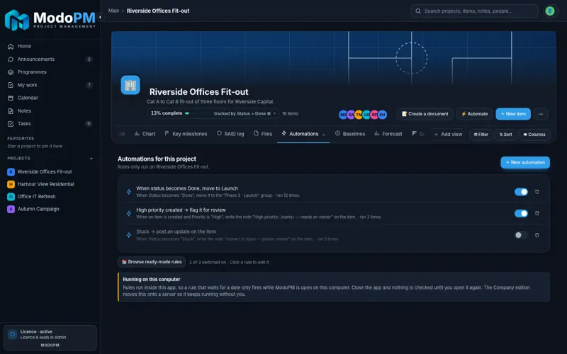 ModoPM Automations — full app screenshot
