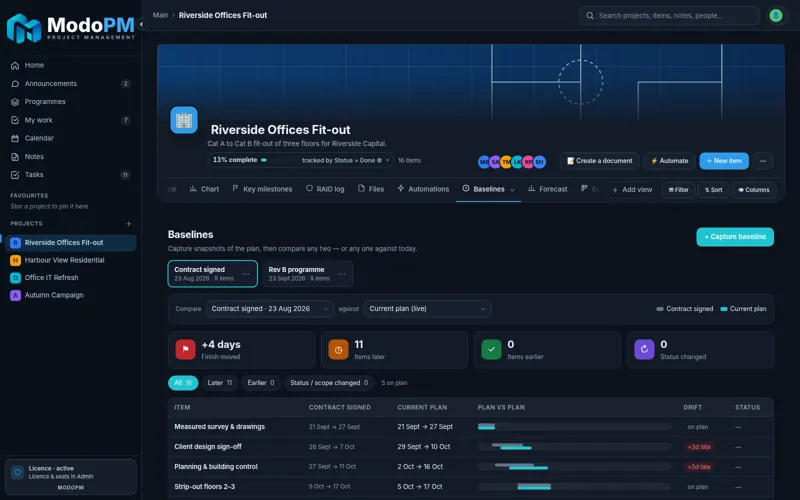 ModoPM Baselines — full app screenshot