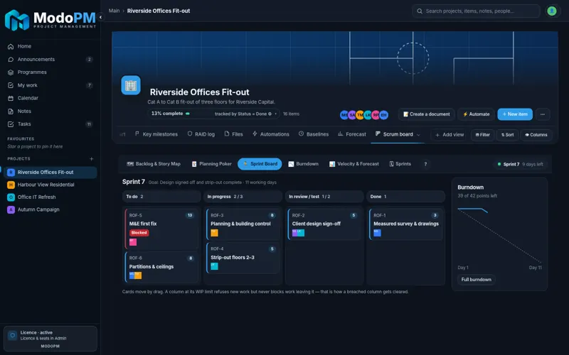 ModoPM Scrum board — full app screenshot