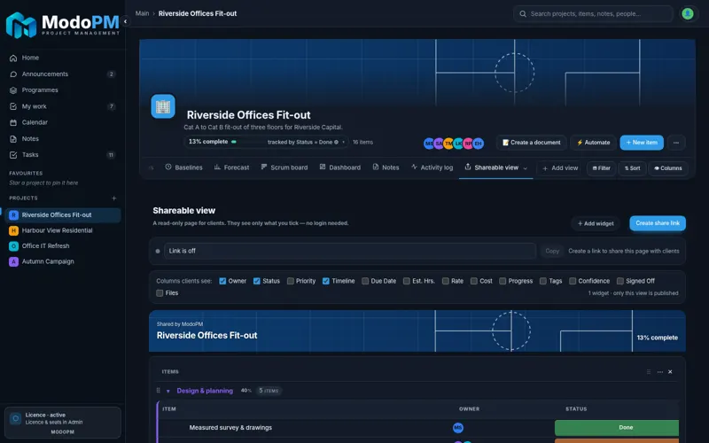 ModoPM Shareable view — full app screenshot