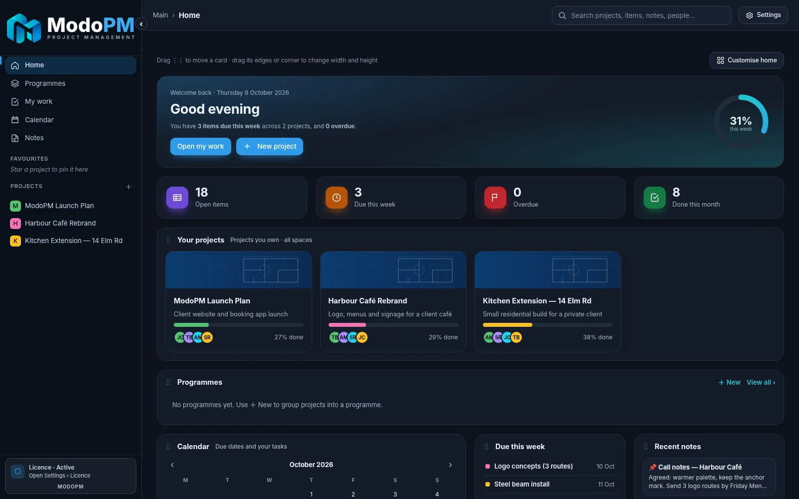 ModoPM Freelance Home dashboard